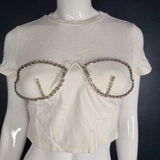 AREA Women's Crystal Embellished Bustier Cup Cropped Top White Sz L