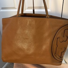 TORY BURCH Leather Side Logo Hand Tote Bag Women Light Brown Genuine Good