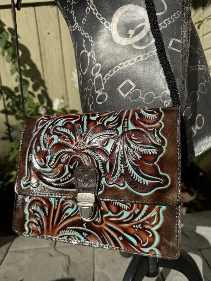 Patricia Nash Locri Hand Tooled Leather Brown Turquoise Handbag Purse Crossbody - Image 2 of 4