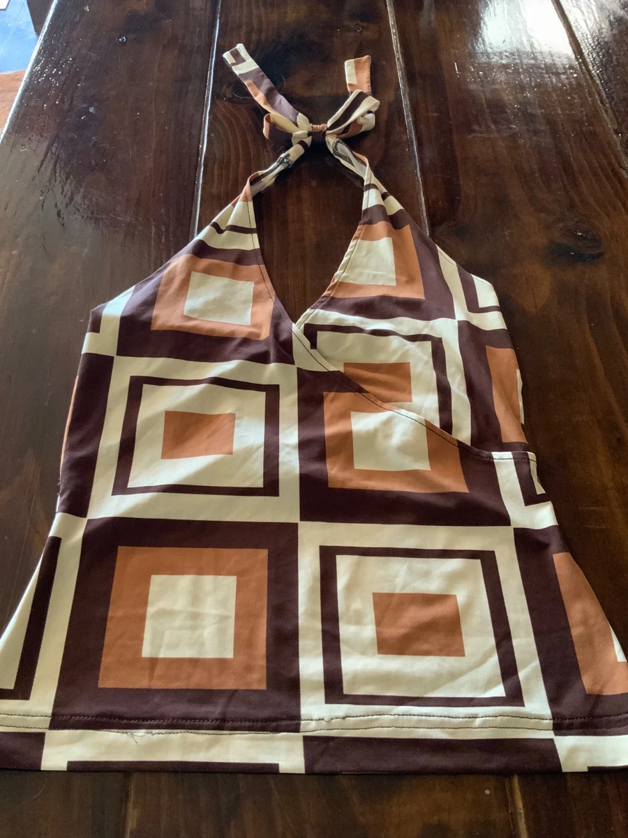 Atelier Y2K Geometric Print Halter Neck Top Size 10 Brown Tan Cream MCM Retro
