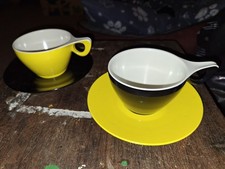 Pair Of 2 Black & Yellow Coffee Cups  & Saucers Melaware Melamine 1970s Retro
