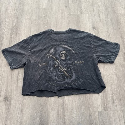 Affliction Reaper Live Fast shirt Y2K Skull Skeleton Grunge Size Large Cut Crop