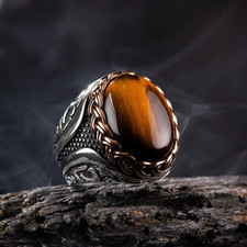New Brown Tiger Eye Stone Retro Turkish Handmade Spiral Carved Ring Men Women Ni