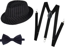 1920s Mens Costume Fedora Hat Gatsby Gangster Accessories Suspenders  Pre Tied