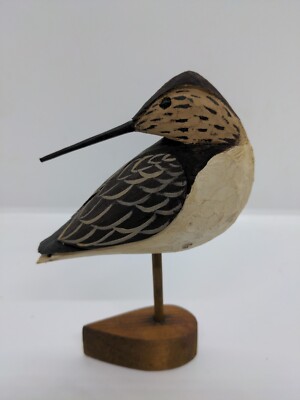 Hand-Carved painted Wooden Figural Snipe Bird w/ wood pedestal figure brown