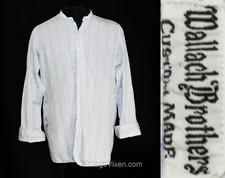 Men's 1930s Dress Shirt - Size Large Blue  White Cotton Collarless French Cuffs