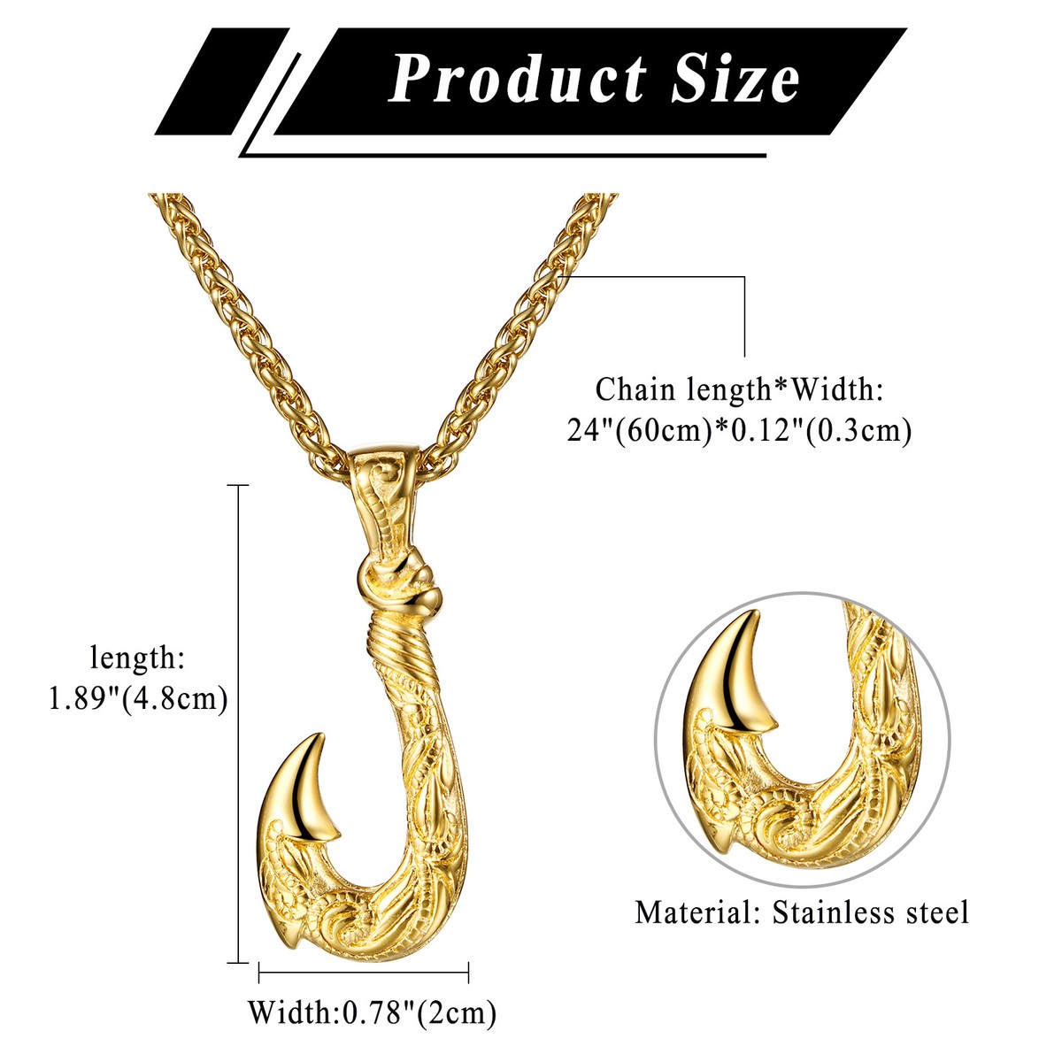 Men's Fish Hook Necklace Stainless Steel Cast 3D Ripple Pendant