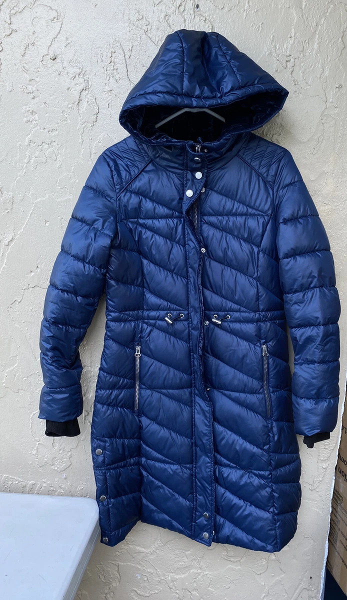 WOMENS MARC NEW YORK KNEE LENGTH NAVY BLUE PUFFER VELVET HOOD JACKET SIZE LARGE