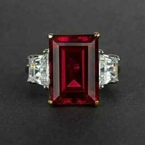 Authentic 3Ct Emerald Lab Created Red Ruby Diamond Engagement Ring 14K White Gold Plated