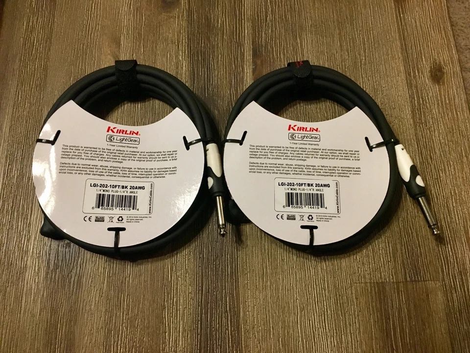 NUEVO PAQUETE DE 2 cables de conexión Kirlin de 10 pies 1/4" recto a 1/4" ángulo recto ¡atar gratis! Foto 4 de 4