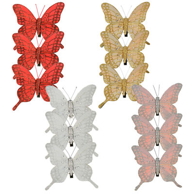 Weihnachten 3 Clip auf Feder Schmetterling - Glitzer Baumschmuck - Farbe wählbar