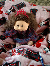 Brown Curly Hair Cloth Baby Doll, Brown Eyes, Light Complexion, Plaid Outfit