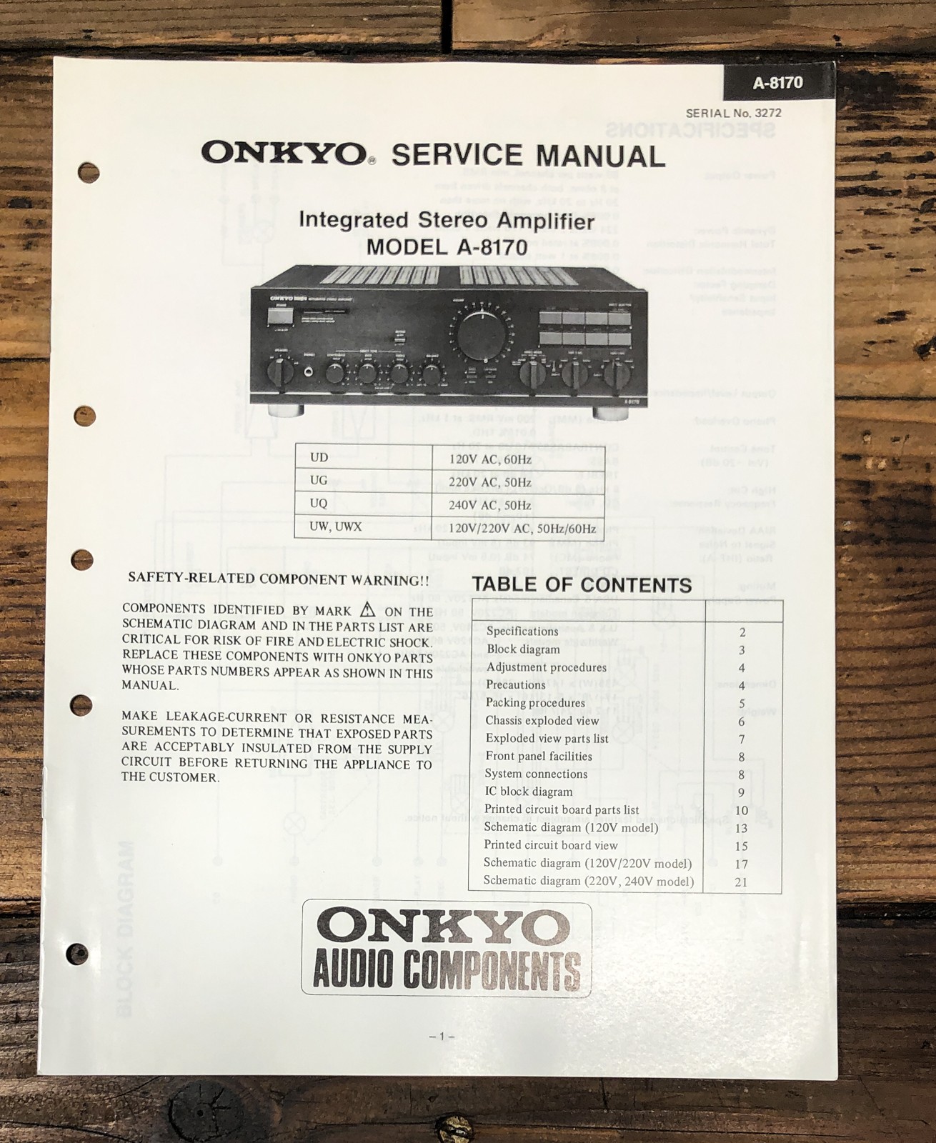 Onkyo A-8170 Amplifier Service Manual *Original*