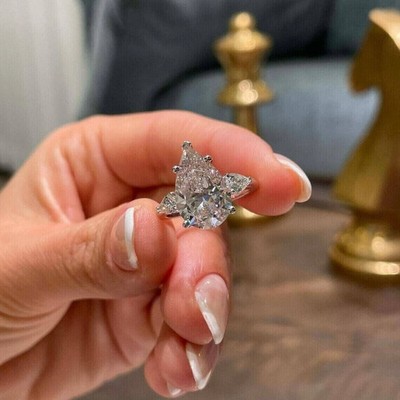 3Ct Pear Cut Moissanite Three Stone Fancy Engagement Ring 14K White Gold Plated