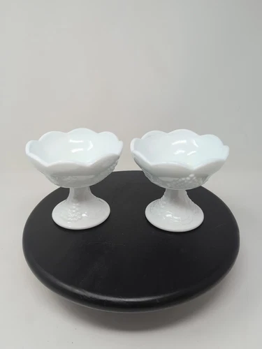 Vintage Pair of White Milk Glass Grape Design Candle Holders 4”