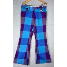 Vintage Lee Fastbacks Plaid Flare Pants Mens 34x30 Blue Purple 70s Bell Bottoms