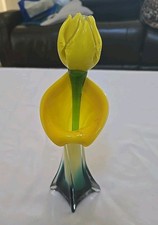 Hand Blown Art Glass Calla Lily Vase 8" Yellow Glass Rose 10"