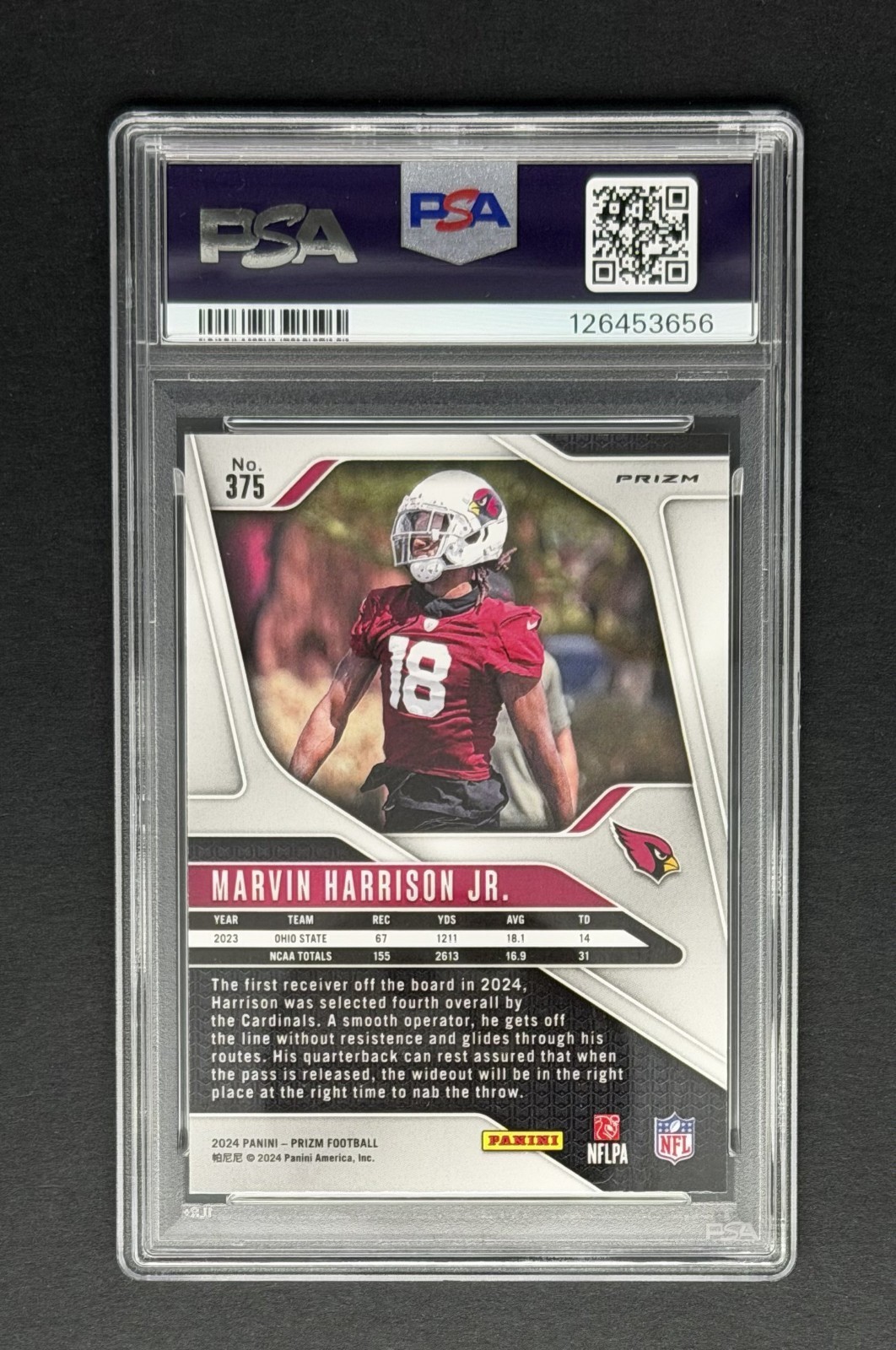 2024 Panini Prizm Marvin Harrison Jr Silver Prizm RC #375 PSA 8 Cardinals view 2