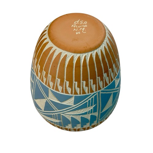 Acoma Keramik 7" geätzt blau rosa mauve Topf Vase signiert DSA Indianer - Bild 3 von 17