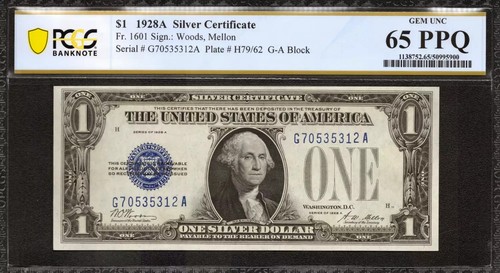 1928 A $1 SILVER CERTIFICATE FR.1601 G-A BLOCK WOODS MELLON PCGS 65 PPQ (312A) - Picture 1 of 2