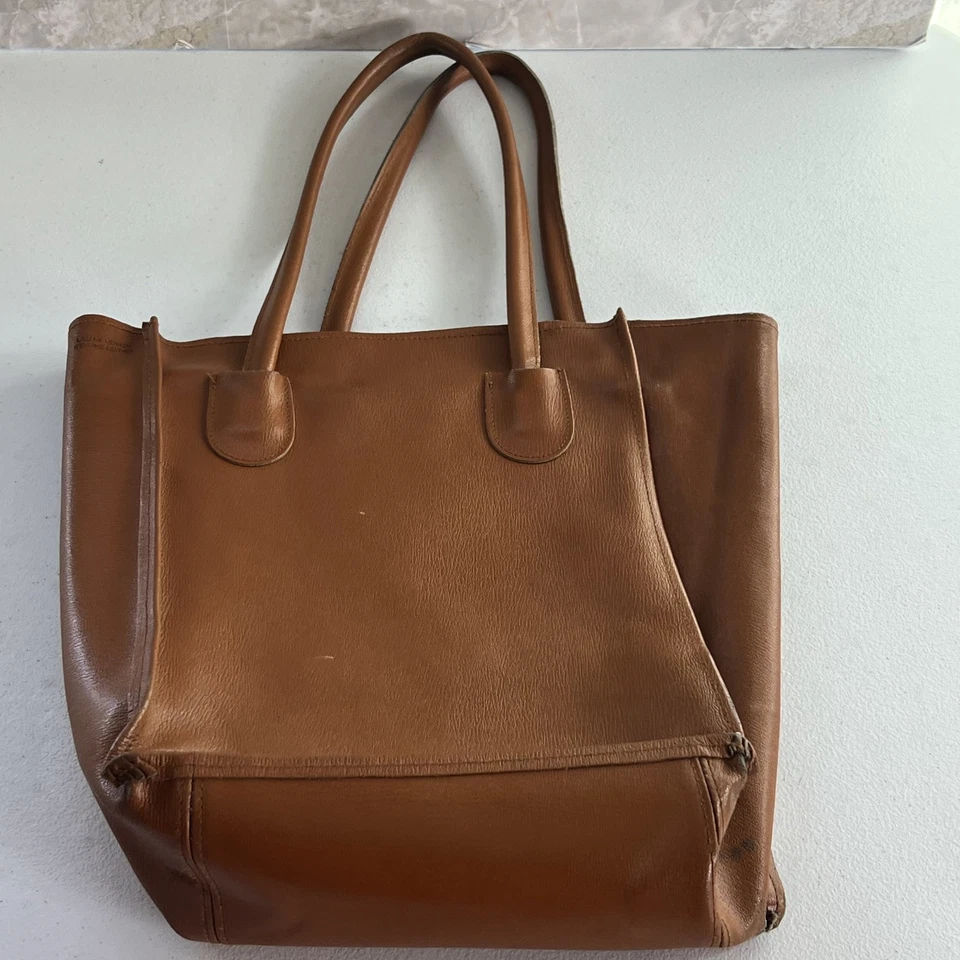 Bolso de Mano Vintage Lillian Vernon Cuero Marrón Doble Asa 12.5" Sin Forro Foto 3 de 4