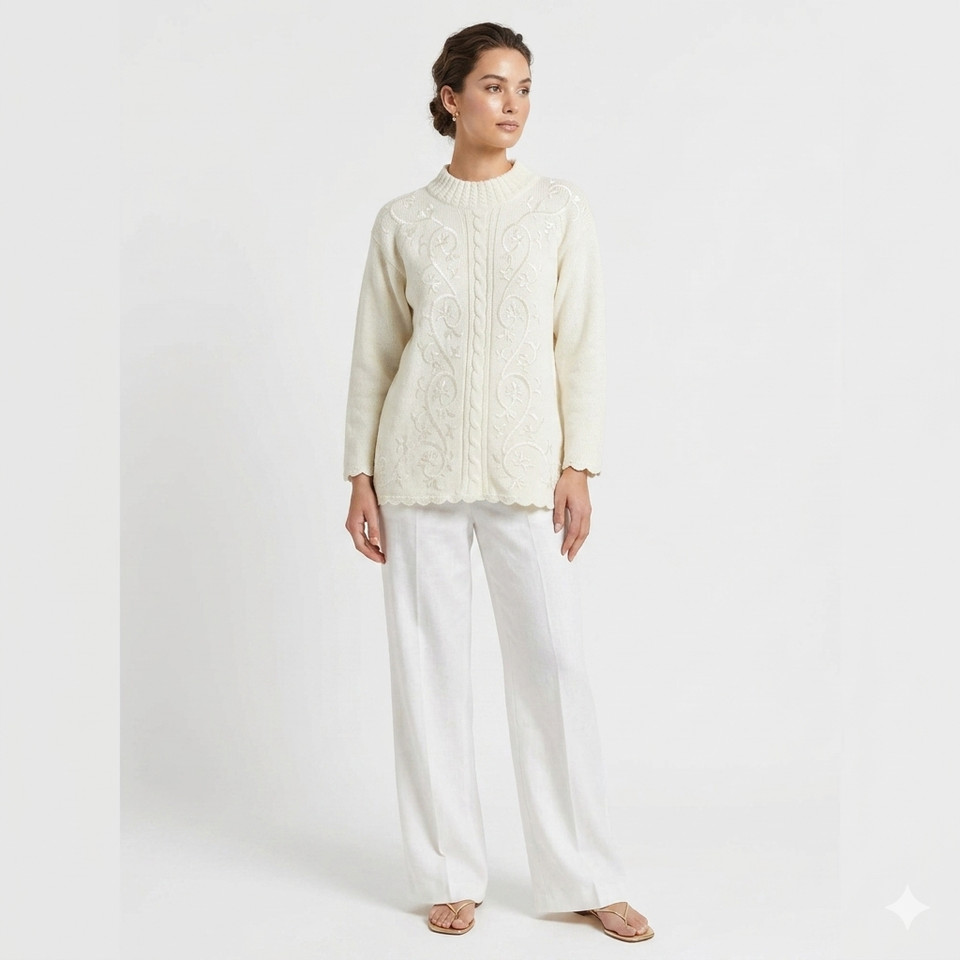 Raam Ivory Cable Knit Jumper Size M Floral Embroidered Sweater Scallop Hem