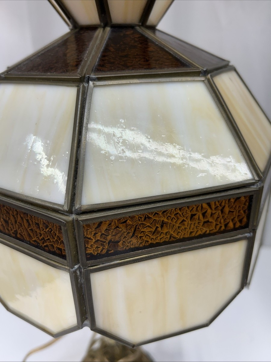 VTG Leviton Tiffany Style Slag Glass Amber Tan Lamp Brass Ornate 