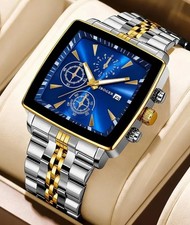Men's Stainless Steel Silver Watch Beautiful Square Face Gold Bezel Blue Face.