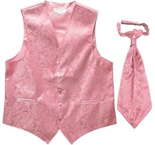New Men's Paisley Tuxedo Vest Waistcoat Ascot Cravat Wedding Prom Pink formal
