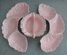 Vintage MCM USA Pottery Pink & Gold Palm Leaf 3-Piece Chip and Dip Relish Tray