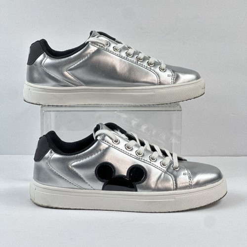 Disney Mickey Mouse Sneakers Shoes Womens Size 7 Silver Black Lace Up Tie Casual - Picture 2 of 11