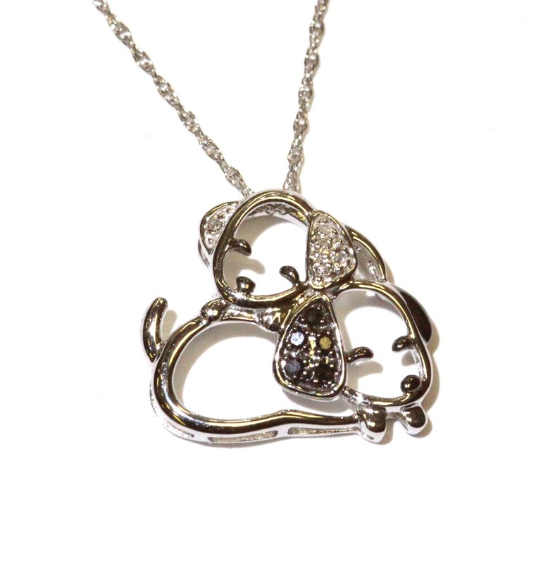New 925 Sterling Silver .05ct diamond 2 puppy dogs pendant necklace 1.3g  18" ..