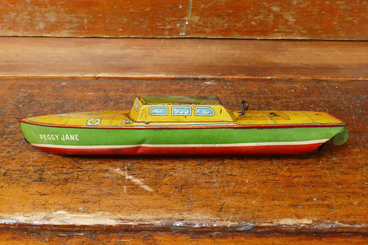 Vintage 1950s J. Chein Peggy Jane Tin Litho Wind Up Cabin Cruiser