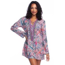 La Blanca Women's Paisley Lace Up Tassel Long Sleeve Swim Coverup Tunic Medium
