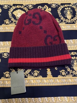New 100% Authentic Gucci Red Cashmere GG Monogram Beanie Hat Size