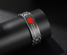 Personalized Engraved Mens Medical ID Name/Number Bracelet Black Stainless Steel