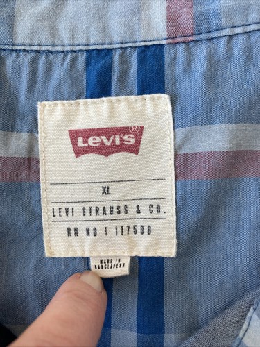 Levis Shirt Western Pearl Snap Mens XL Short Sleeve Plaid Red White Blue - Picture 9 of 11