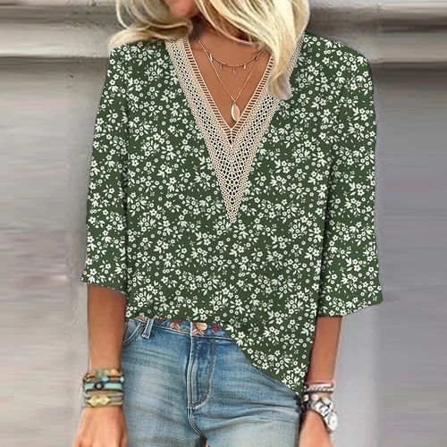 Damen Freizeit Boho Blumen V-Ausschnitt 3/4 Ärmel lose Blusen Shirts Sommer Tops - Bild 8 von 25