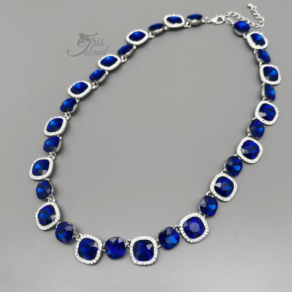 Colar de tênis feminino almofada azul cristal strass babador joia tom prata 49 - Imagem 3 de 4