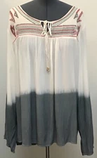 NEW Highness 2X Gray Ivory Ombre' Crinkle Rayon Embroidered Boho Oversize Blouse