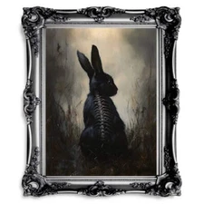 Ethereal Black Rabbit Wall Art Print – Gothic Woodland Fantasy with Skeletal Det