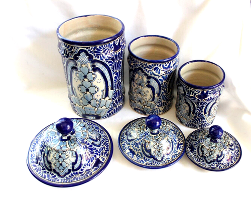 Vintage set /3 Uriarte Talavera Mexican Ceramic Jar canisters blue white - Picture 8 of 14