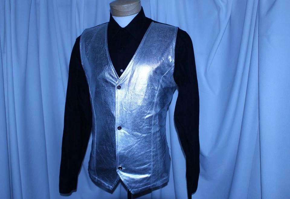 ZHELIN Silver Metallic Solid Nylon Men Formal Waistcoat Vest Size M - Image 2 of 4