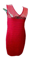 Cato Womens Mini Clubwear Dress Red Knit Bandage Sleeveless Sequins V Neck Large