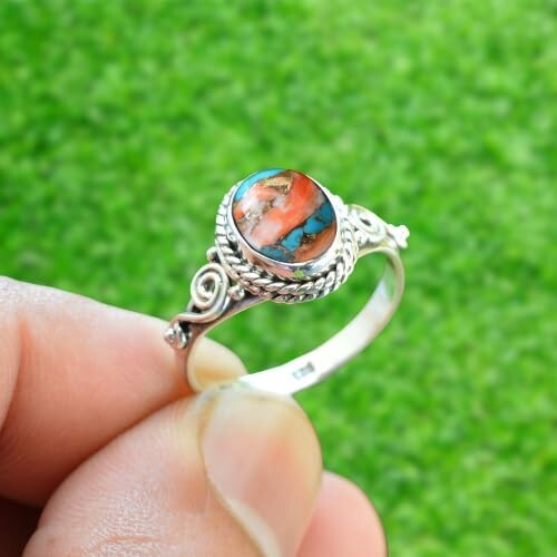 Oyster Copper Turquoise Ring Oval Shape 925 Sterling Silver Spiny Minimalist - Picture 2 of 4