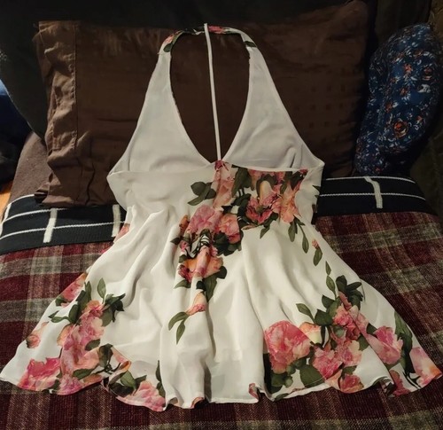 Cotton Candy Women's Sz L Floral Spaghetti Strap Back, V-Neck Halter Blouse SEXY - Picture 18 of 24