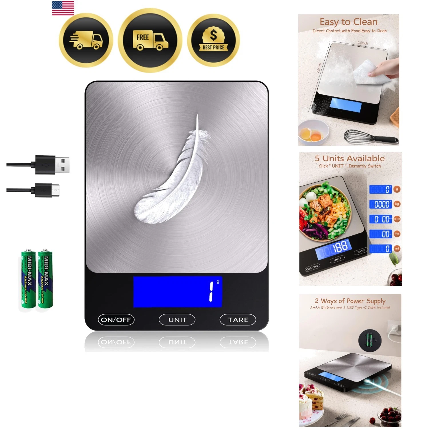 Food Scale -33lb Digital Kitchen Scale for Food Ounces Grams Rechargeable 304...