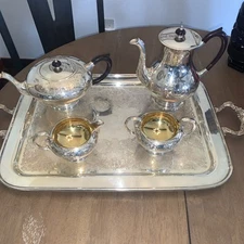 VTG Marlboro Silver Plate Coffee Tea Service & Wm A Rogers Serving Tray 5-Pc Set