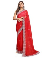 Women Georgette Embroidery Saree with Original Mirror Work Satin Blouse Piece