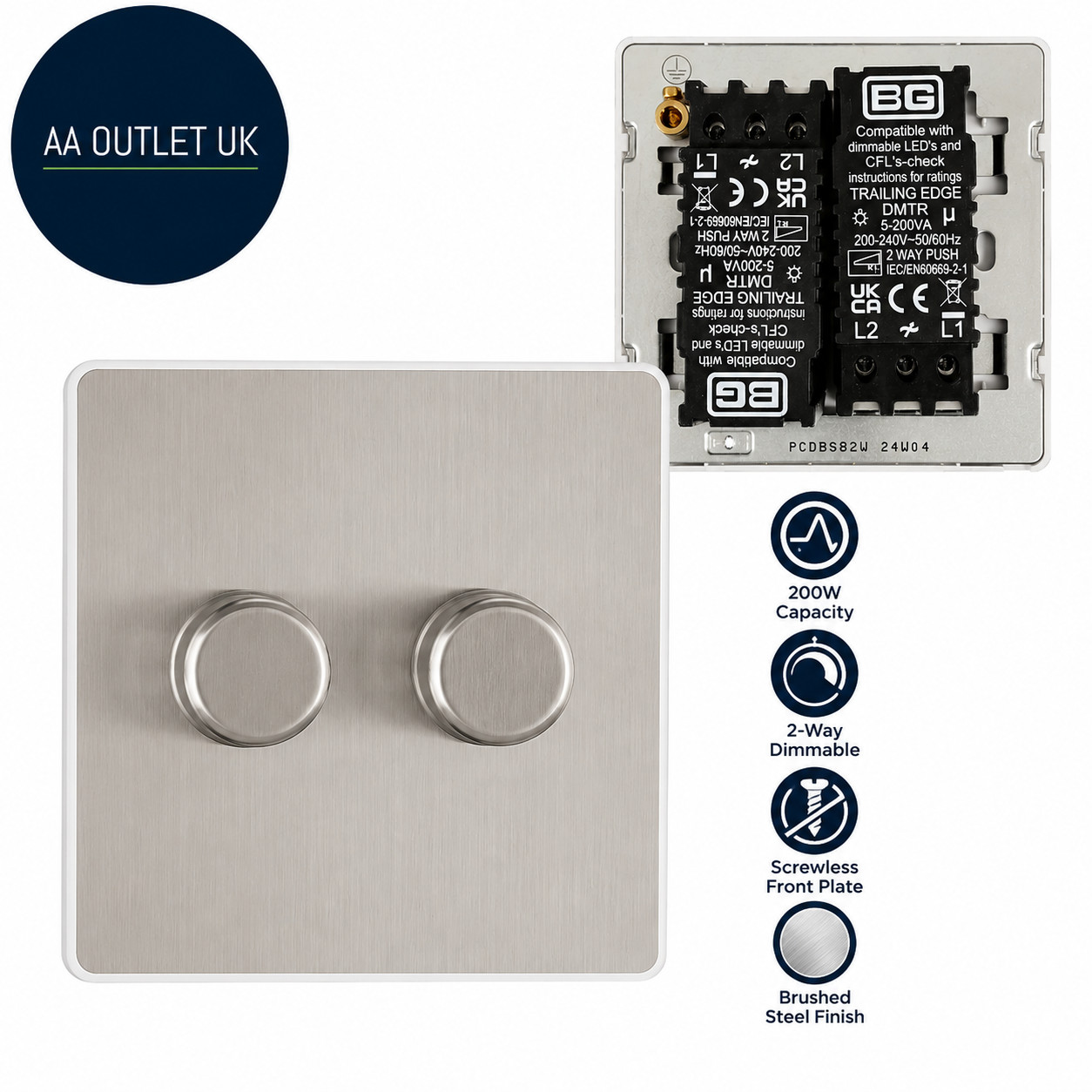 BG Electrical Intelligent Double Wall Dimmer Switch 2 Way Screwless Front Plate